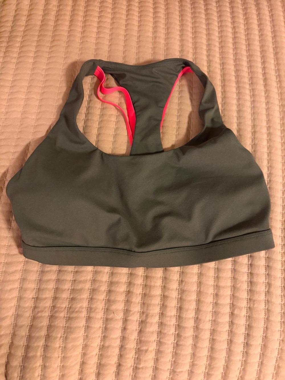 Fabletics Olive Green Sports Bra with Pink Straps- Racerback